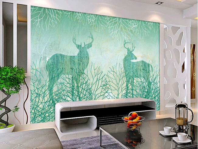 The custom 3D murals,3 d blue retro abstract hand drawn cartoon tree elk ,living room sofa TV wall bedroom wall paper