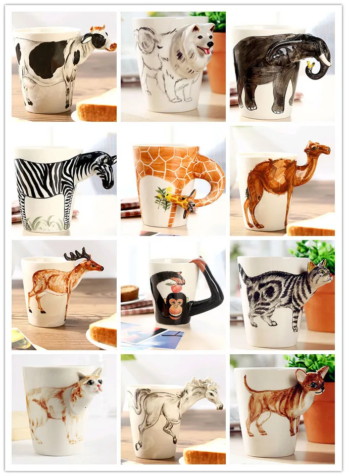 Creative gift love3D animal shape ceramic coffee milk tea mug hand painted caneca Giraffe Cow Monkey Dog Cat Camel Elephant cup