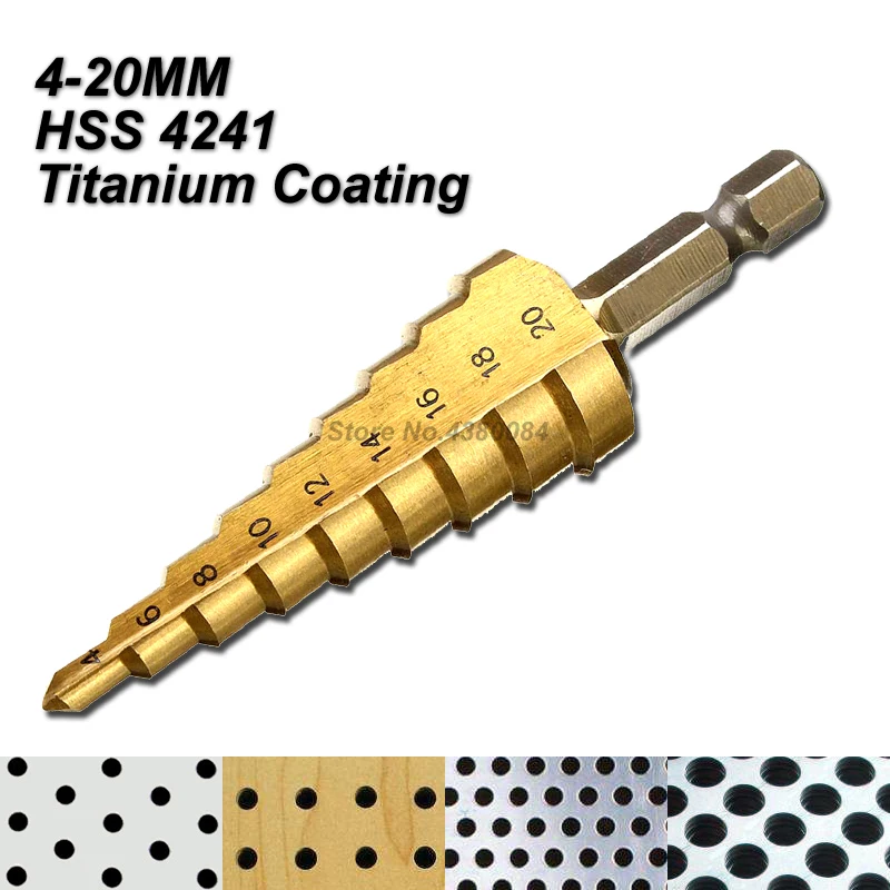 1Pc 4-20MM Titanium Coating HSS Step Drill Bit 1/4'' Hex Shank Cone Grooved Hole Cutter DIY Punching Power Tools