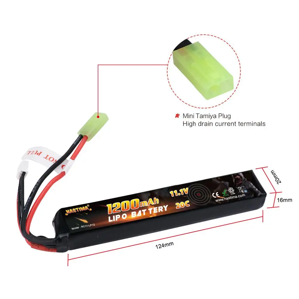 Nastima 11.1V 1200mAh akumulator Airsoft zestaw bateria LiPo 3S 20C ze złączem Mini Tamiya / Deans-T do pistoletów Airsoft AK47