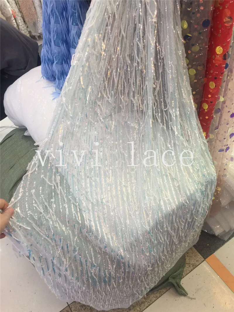 stock 5yards N00114 good quality nice fringe sequin embroidery  tulle  lace fabric for evening dress/wedding