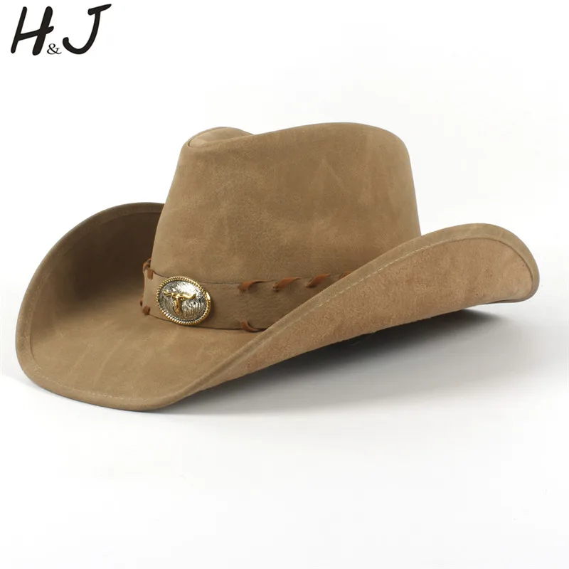 100% Leather Men Western Cowboy Hat For Gentleman Dad Sombrero Hombre Caps Size 58-59CM Dropshipping