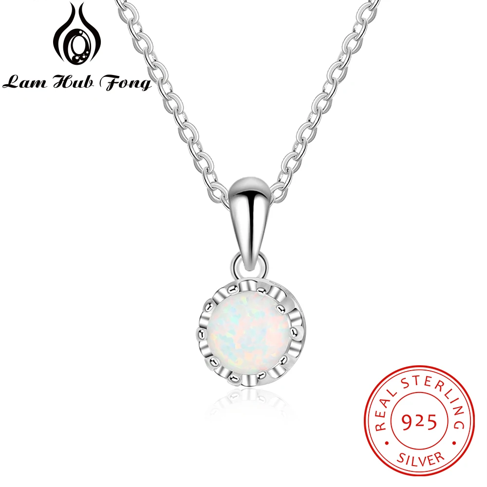 925 Sterling Silver Flower Pendant Necklace with Round White Opal Stone Silver 925 Jewelry Gift for Girlfriend (Lam Hub Fong)