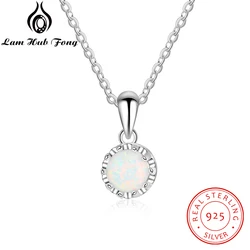 925 Sterling Silver Flower Pendant Necklace with Round White Opal Stone Silver 925 Jewelry Gift for Girlfriend (Lam Hub Fong)