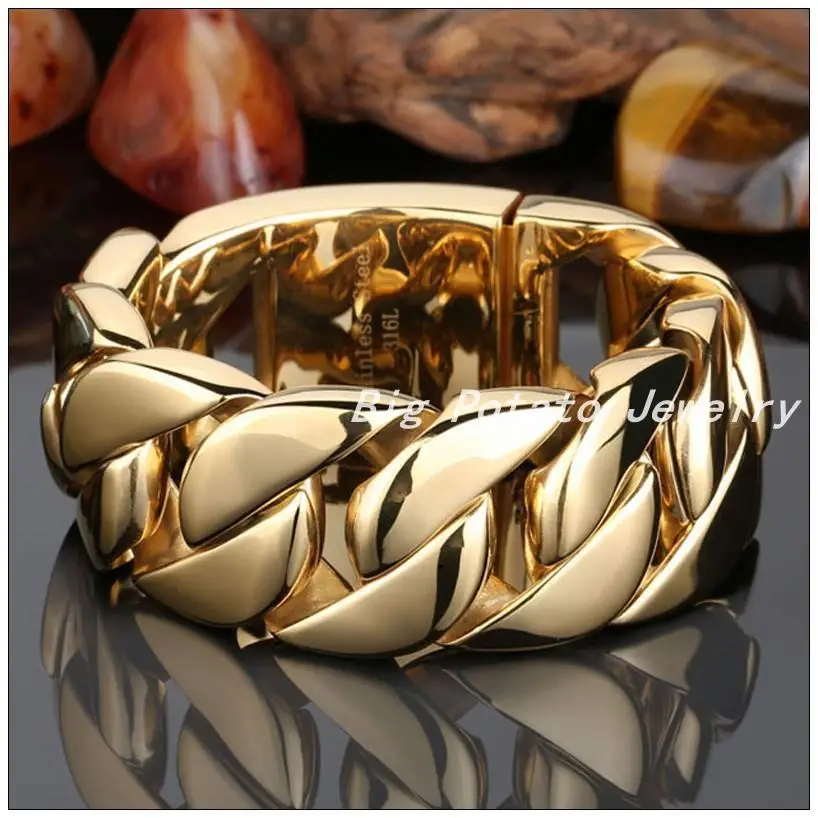 

22/24cm*32mm Heavy Polished Gold Color 316L Stainless Steel Curb Cuban Chain Men's Bracelet Bangle