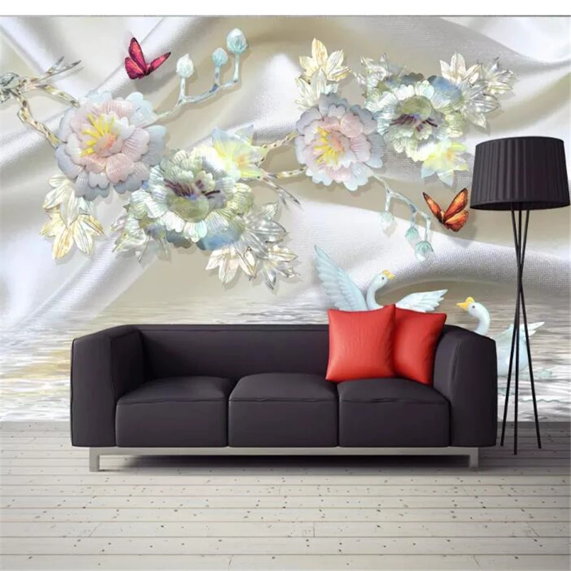 

wellyu Custom wallpaper 3d Luxury European Silk Pearl Flowers Swan TV Wall papier peint mural 3d papel pintado pared