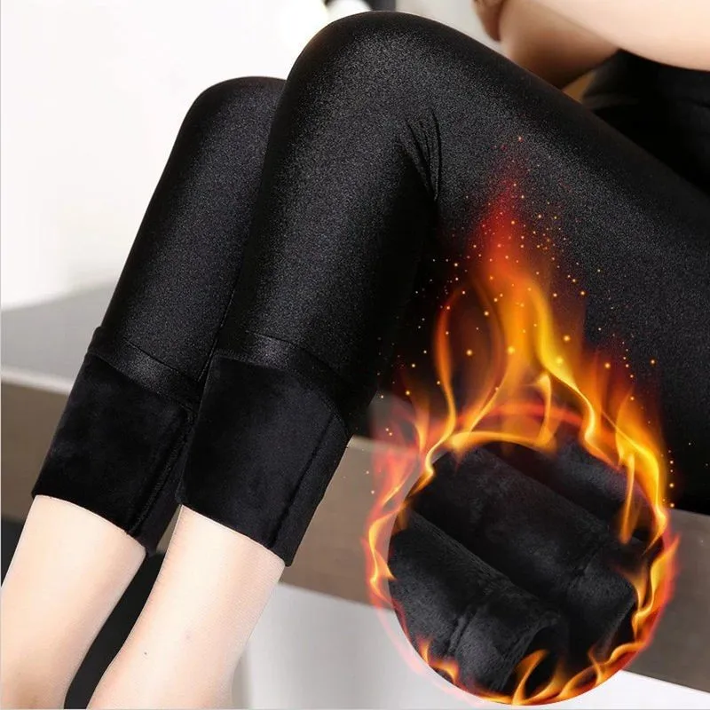 Leggings gruesos para mujer, pantalones ajustados de color liso, mallas cálidas de forro polar insertado, informales, color negro brillante, otoño e invierno, 2020