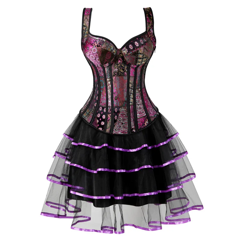 bustier corset dresses for women skirt tutu set zipper strap corset plus size gothic jacquard burlesque sexy vintage purple 6XL