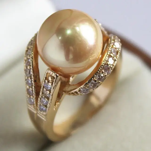 FREE SHIPPING@@ beautiful new jewelry 18KGP with crystal decorated &12mm yellow shell pearl ring(#6. 7.8.9)