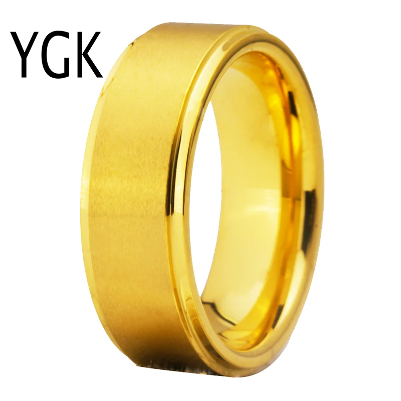 YGK Brand Jewlry 8MM Width Golden Color Tungsten Carbide Ring with Step and Brushed Surface For Him /Her Wedding Ring