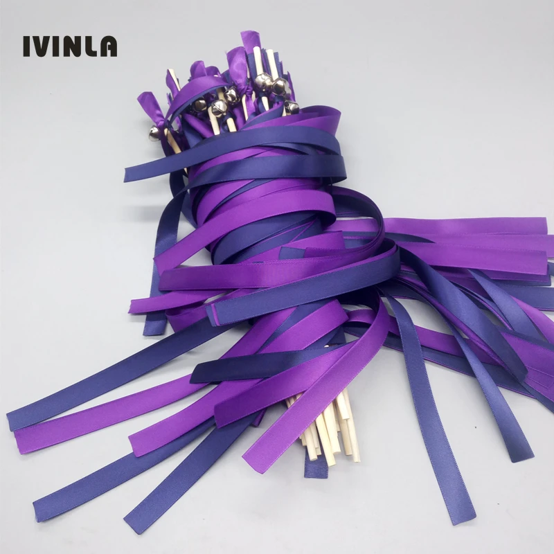 

Hot Navy and purple stain wedding ribbon wands With big sliver Bells for wedding decoration