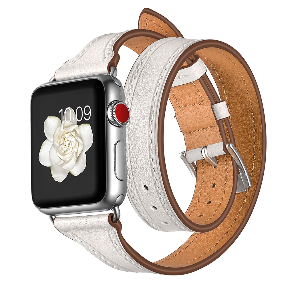 Double Tour For Apple watch band 40mm 44mm 45mm 41mm 42mm 38mm Genuine Leather watchband Bracelet iWatch serie 3 5 se 6 7 Strap image 2