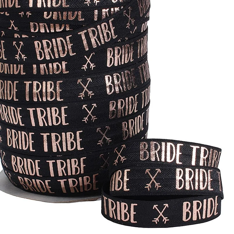 

(100 yards/lot) Bride tribe theme rose gold foil metallic printed foe fold over elastic for knotted hair ties