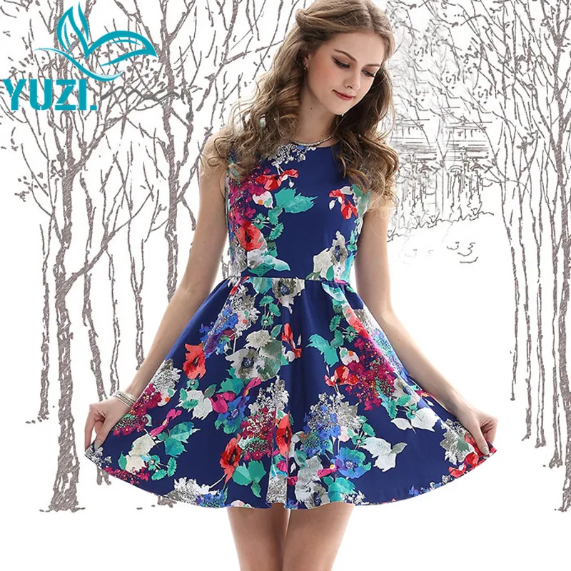 Summer Women Dress 2017 Yuzi.may Boho New Cotton Vestidos O-Neck Sleeveless Floral Print High Waist Swing Hem Sundresses 68011