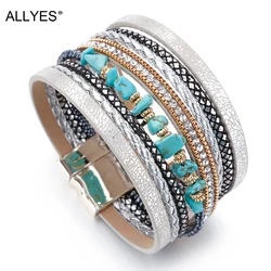 Allyes Natuursteen Lederen Armbanden Voor Vrouwen Mannen Luxe Merk Femme Boho Stijl Brede Meerlagige Wikkel Armband Vrouwelijke Sieraden