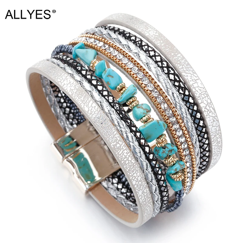 ALLYES bransoletki ze skóry z kamienia naturalnego dla kobiet mężczyzn luksusowa marka Femme styl Boho szeroka wielowarstwowa bransoletka Wrap biżuteria damska