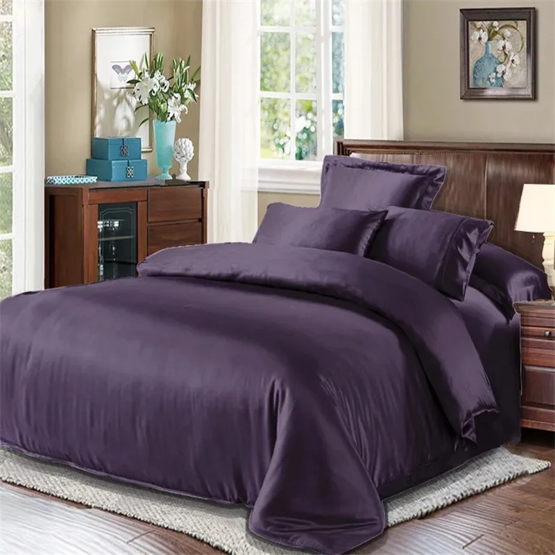 4 Pieces Set Sheet Duvet Cover 22 Mm 100% Mulberry Silk Seamless Dark Blue Purple Silvery Colors King Size Customize