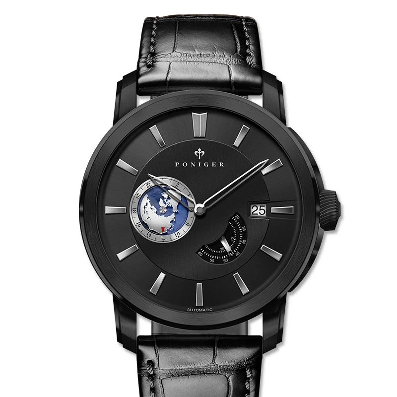 PONIGER Men Business 50M orologi da polso meccanici automatici di moda impermeabili con secondo quadrante separato, quadrante 24 ore-pelle