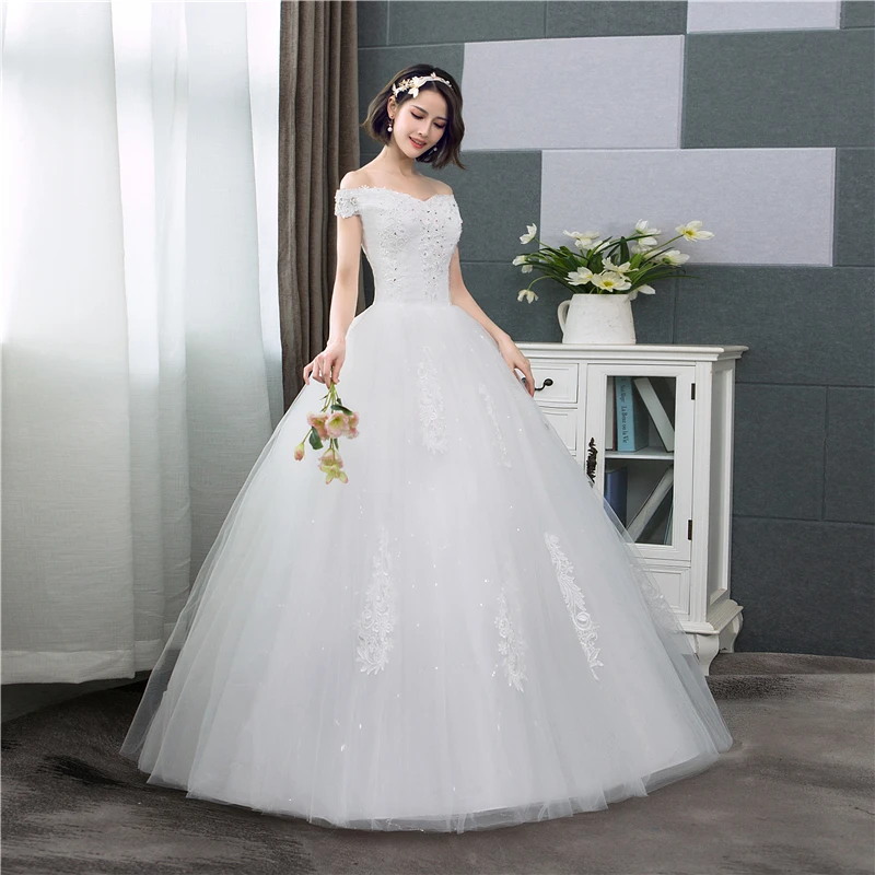 Tanie koronkowe suknie ślubne 2020 dekolt w szpic off the shoulder Tulle w stylu koreańskim naszycie ślubne suknie ślubne Robe De Mariage