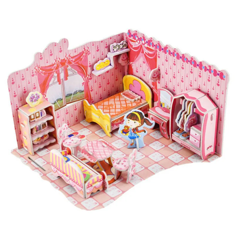Meisjes Speelgoed 3D DIY Slaapkamer Papier Poppenhuis Puzzel Kinderen Miniatuur Roze Zoete Jigsaw Handgemaakte Poppen Huis Speelgoed Voor Kinderen
