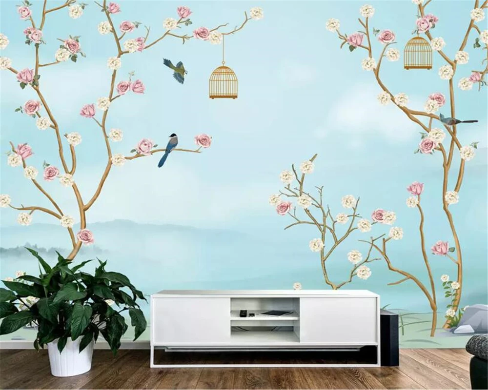 

beibehang Custom Wallpaper Birds and flowers birdcage Modern Abstract Art Wall Mural Living Room Bedroom 3d Wallpaper mural