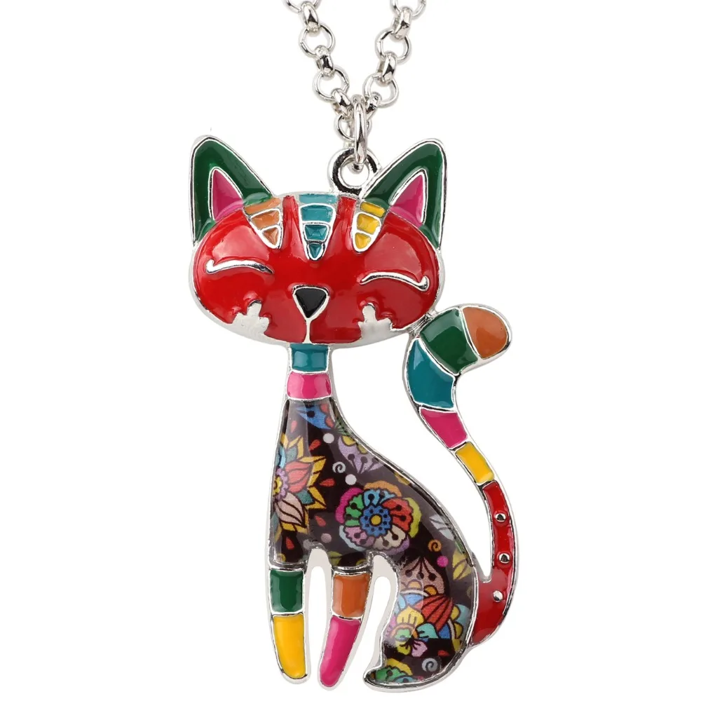 WEVENI Statement Enamel Cat Kitten Necklace Pendant With Specular Effect Chain Collar Souvenir New Fashion Jewelry For Women