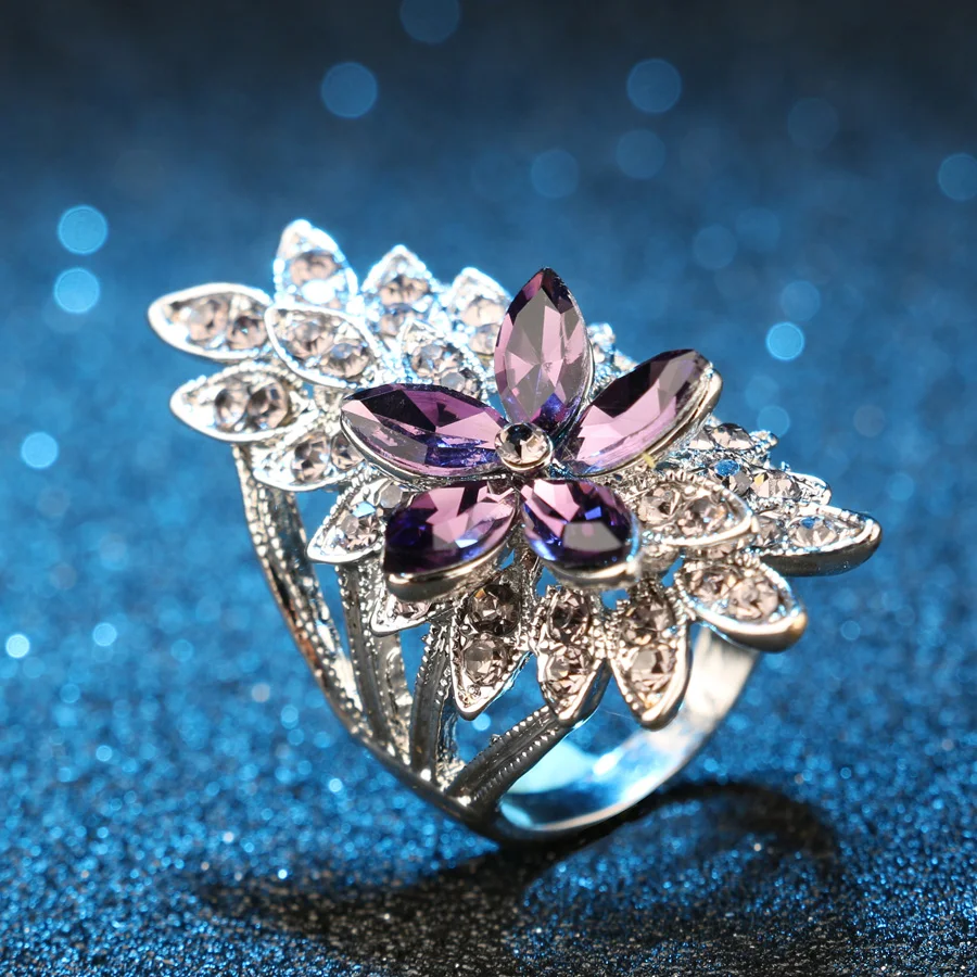 Kinel Fashion Crystal Flower Rings For Women AAA Purple Glass Tibetan Silver Wedding Finger Ring Fine Jewelry Bague