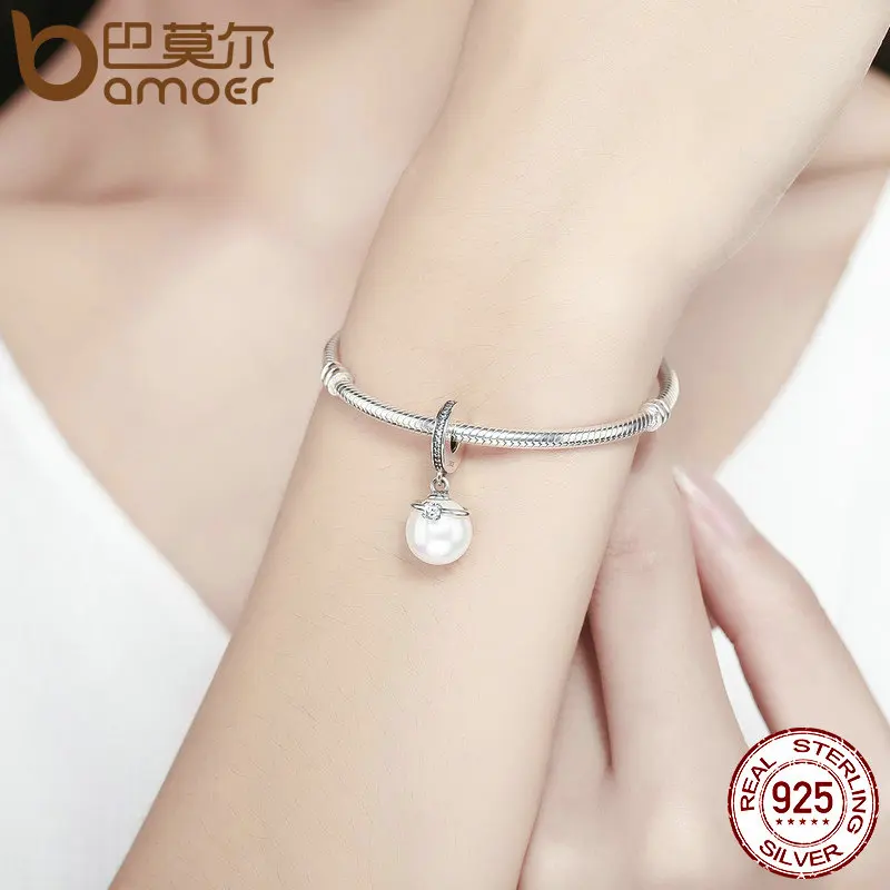 BAMOER Genuine 925 Sterling Silver Elegant Pearl & Clear CZ Crown Pendant Charm fit Bracelet Jewelry S925 SCC137