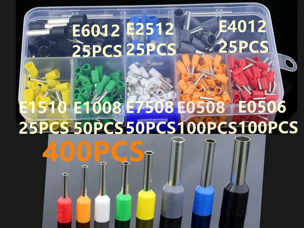 

400pcs 8 Size 8 Color Wire Copper Crimp Connector Insulated Cord Pin End Terminal Kit Set