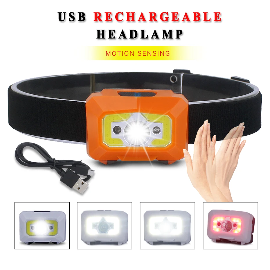 LED Body Motion Sensor Headlamp COB Mini Headlight Rechargeable Outdoor Camping Flashlight Head Torch Lamp With USB