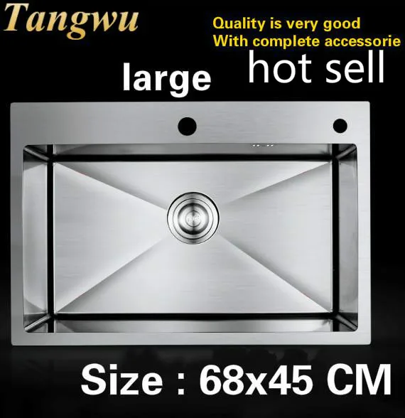 

Free shipping Household luxury large kitchen manual sink single trough wash the dishes 304 stainless steel hot sell 680x450 MM