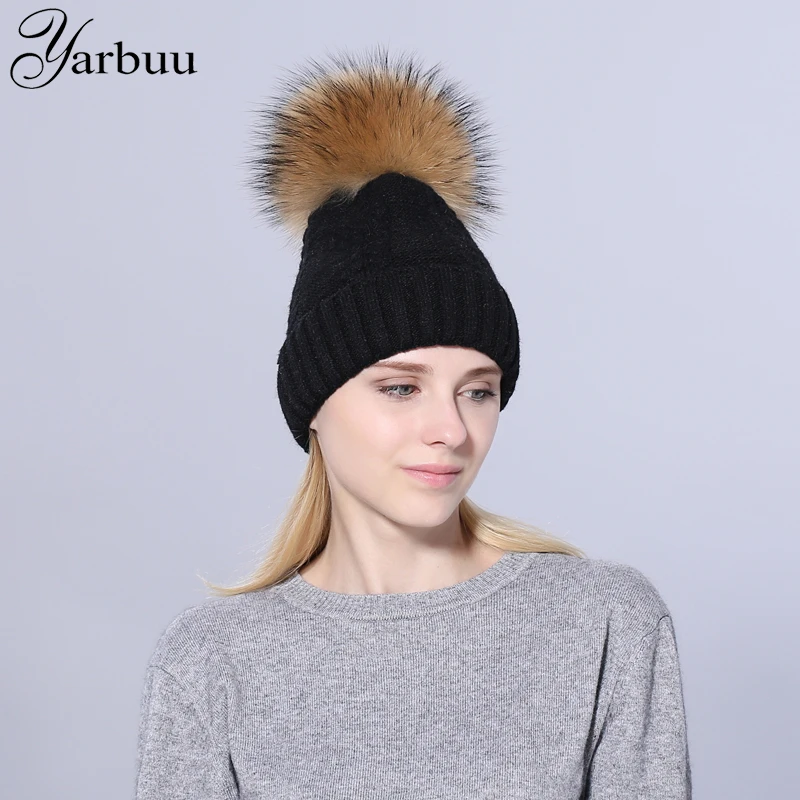 [YARBUU]Autumn winter beanies hat unisex knitted wool Skullies casual cap with raccoon fur pompom solid colors ski gorros caps