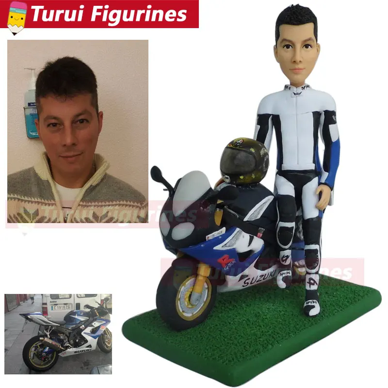 men with motorbike figurines personalized portrait custom bobblehead clay dolls 3D caricature figurines for motorcyclist