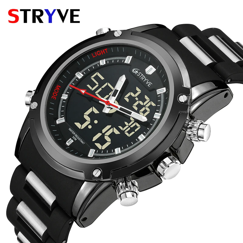 Stryve Brand Classic Black Military Men Sports Watches Waterproof Double Display Quartz Digital Wristwatches Relojes Para Hombre