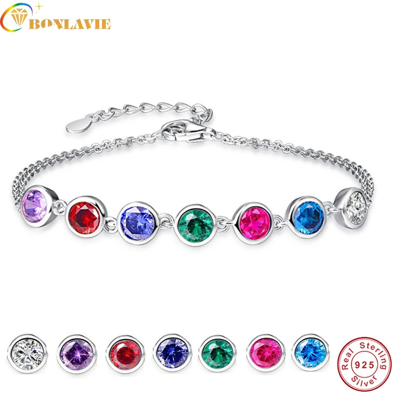 

BONLAVIE 100% 925 Sterling Silver Woman Multicolor 7 pcs Topaz Tanzanite Amethyst Bracelet double Layer Created Emerald Bracelet