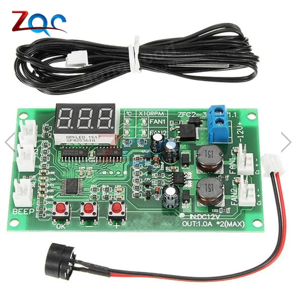 DC 12V Dual 3-wire Fan LED Intelligent Digital Temperature Thermostat Governor Motor Speed Controller Switch Module NTC Sensor