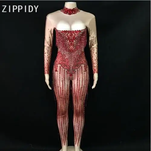 Mono de licra con borla de diamantes de imitación rojos brillantes para mujer, traje de cantante elástico grande, traje de baile, celebración de