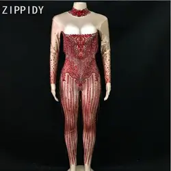 Mono de licra con borla de diamantes de imitación rojos brillantes para mujer, traje de cantante elástico grande, traje de baile, celebración de cumpleaños, Bar, moda