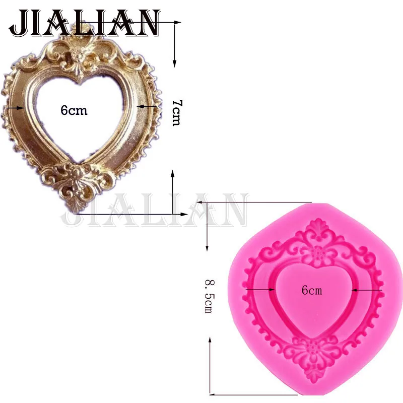 Hot Vintage Love Heart Shape Mirror Frame 3D Silicone Mold Fondant Chocolate Molds Cake Decorating Tools T0730