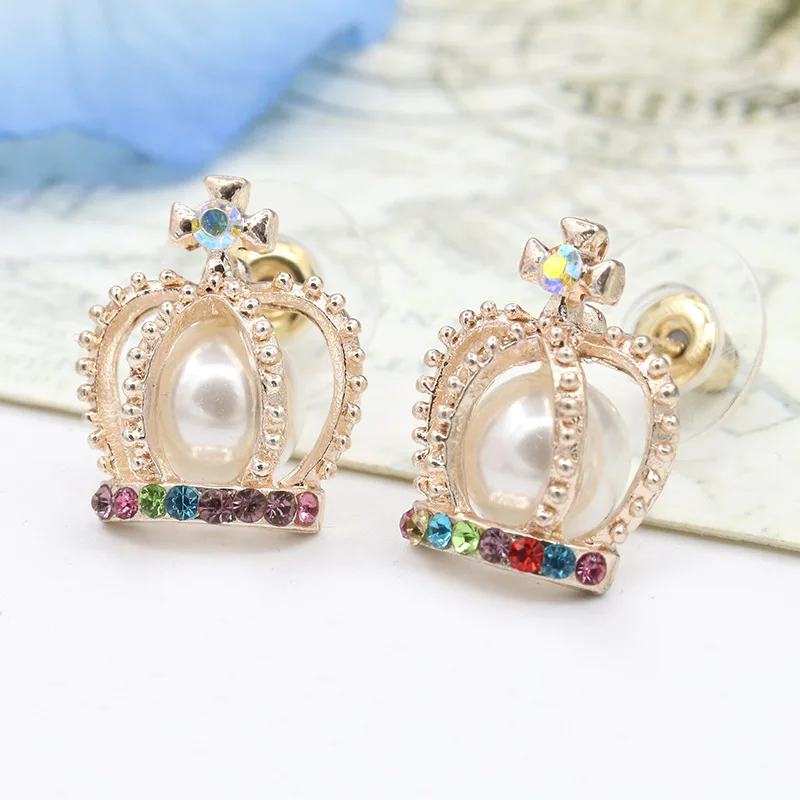 Wholesale Gold Colorful Rhinestone Cross Crown Pearl Imitation crystal Retro Stud Earrings For Women Gift