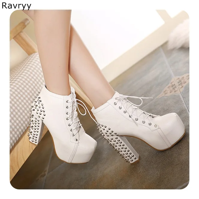 Lace Up White Woman\'s ankle boots Long Rivet Model Show Fun Club Party Motorcycle short Boots Female Shoes Platform Thick Heel