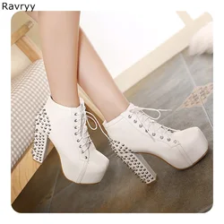 Lace Up White Woman's ankle boots Long Rivet Model Show Fun Club Party Motorcycle short Boots Female Shoes Platform Thick Heel