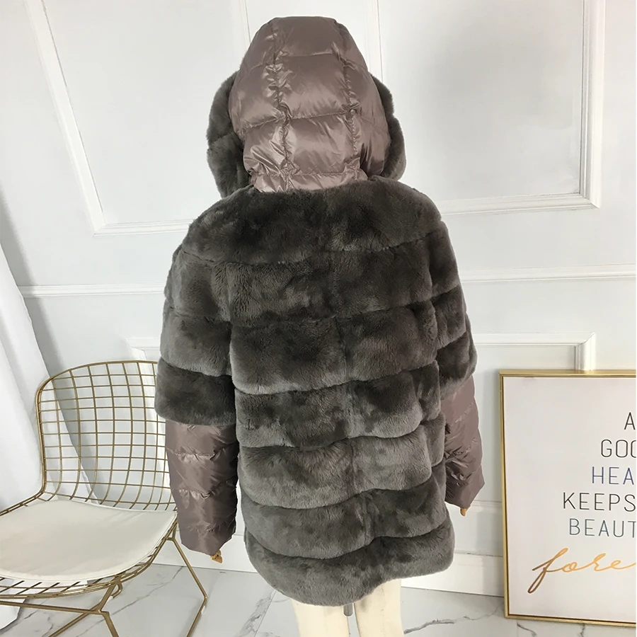 Echter Kaninchenfellmantel Winterpelzmäntel mit Kapuze Echtpelzjacke Luxus-Kaninchenfelljacken mit Daunenärmeln Bestseller