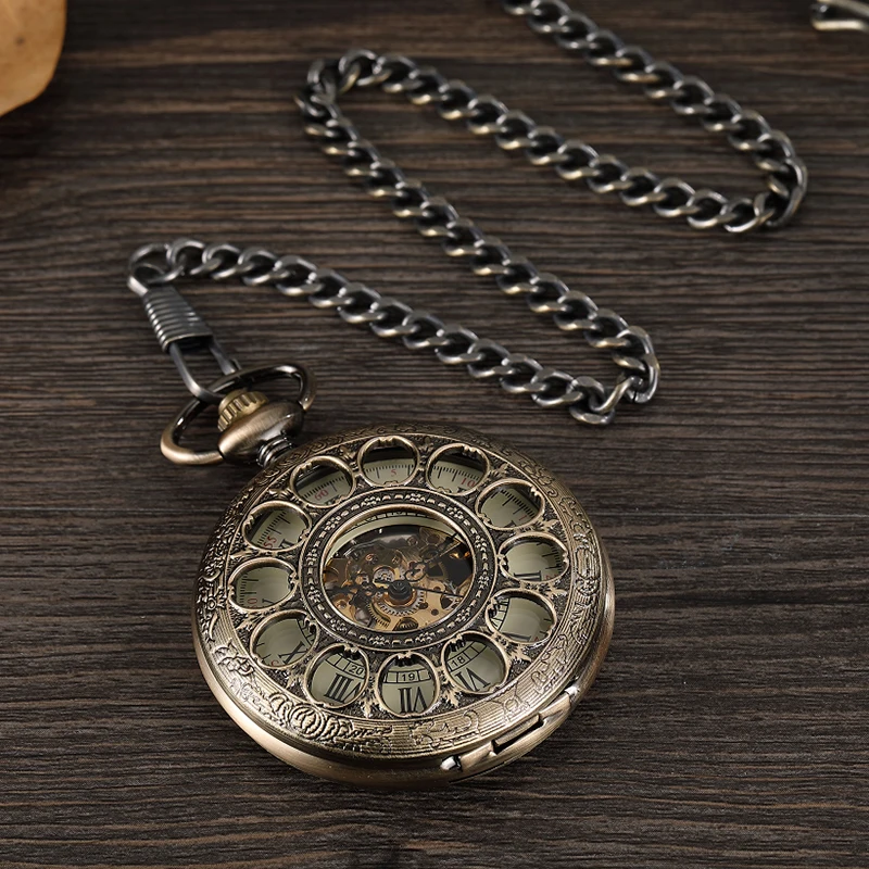 Antique Bronze Hollow Engrave Mechanical Pocket Watch Men Roman Numerals Hand Wind Watch Skeleton Pendent Steampunk Gift Box