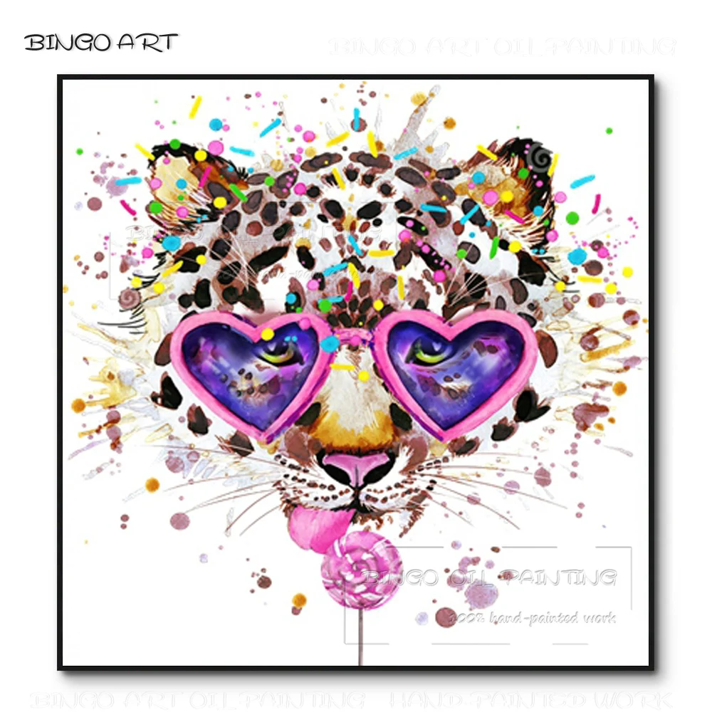 

Fashion Design Hand-painted High Quality Animal Leopard Licking Lollipop Oil Painting on Canvas Fashion Artwork Leopard Painting