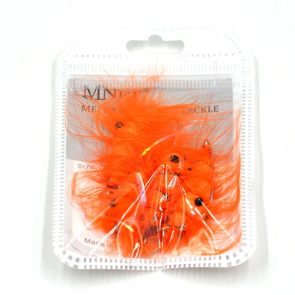MNFT 4Pcs Orange Shrimp Saltwater Bait Fish Flies with Rainbow Flashabou Tail Artificial Trout Fly Fishing Hooks