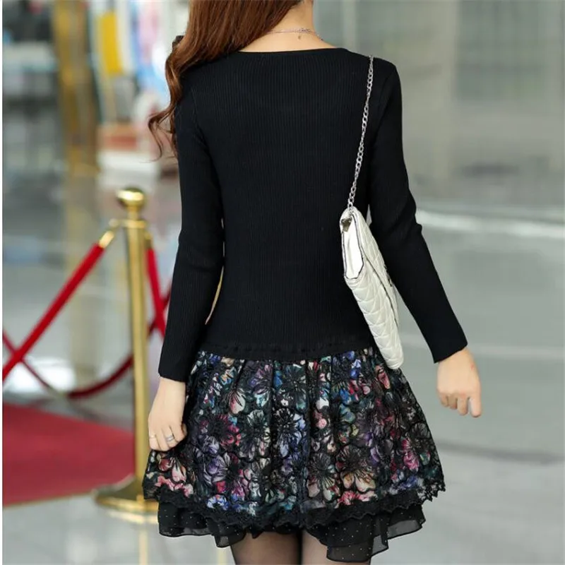 Knit Sweater Dress Women\'s 2022 Autumn Winter New Lace Stitching Fake Two Pieces Mini Dress Diamond Slim Female Pullover Tops