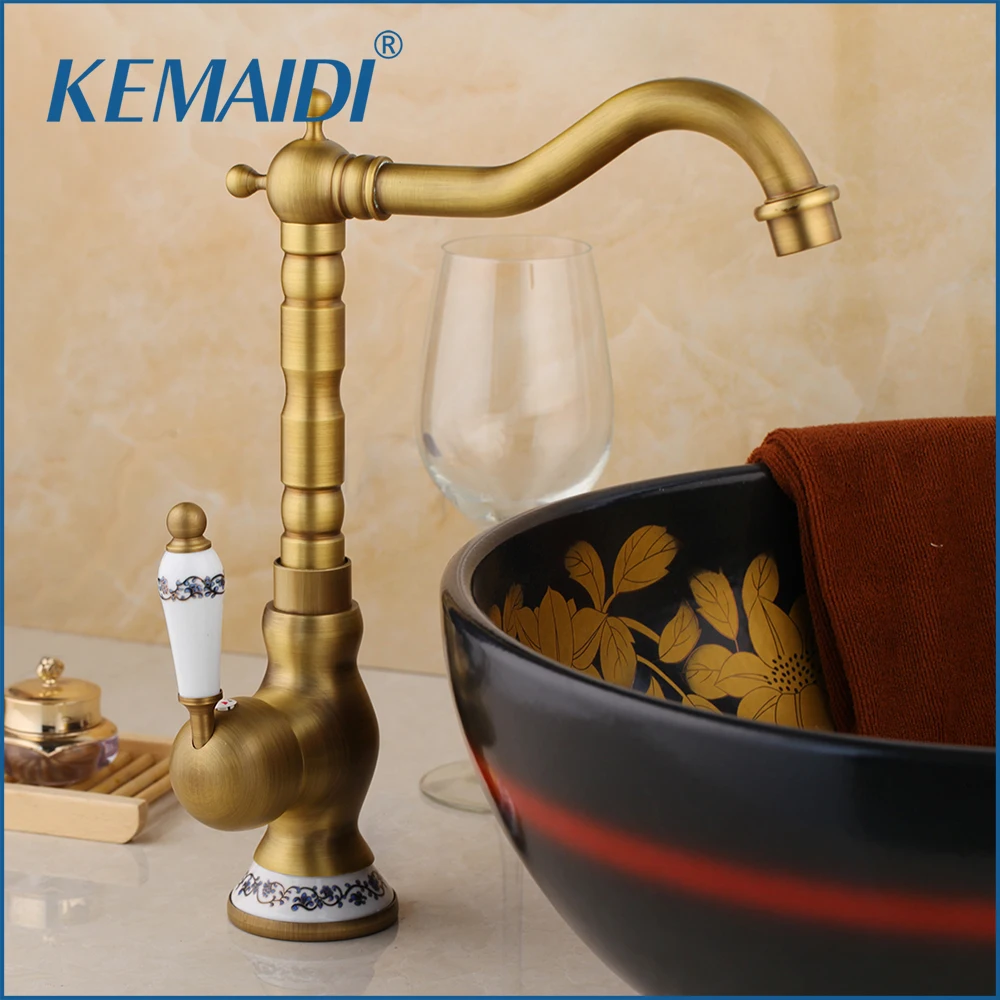 KEMAIDI Antique Brass Faucet Stream Spout Tap Bathroom Basin Sink Faucet Solid Brass Hot & Cold Water Mixer Vanity Sink