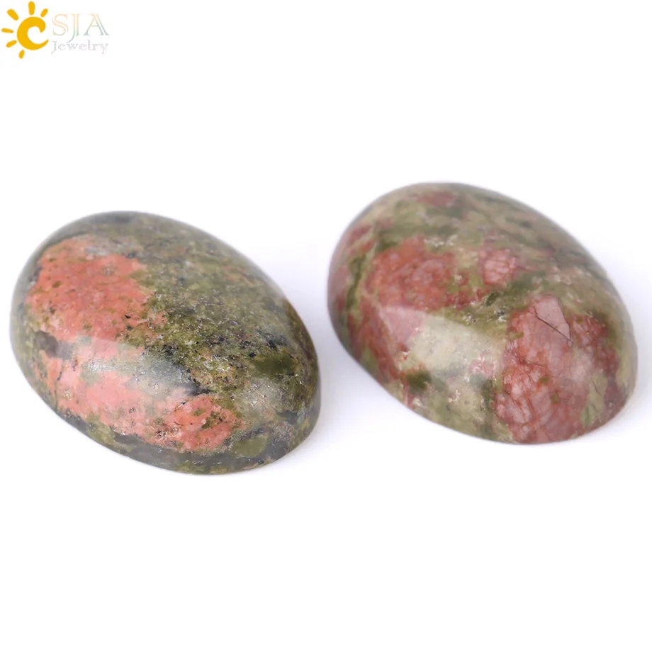 CSJA Natural Green Unakite Cabochon Beads Semi-Precious Stone Loose Bead No Drilling Hole Dome Jewelry Accessories Fit Ring F522