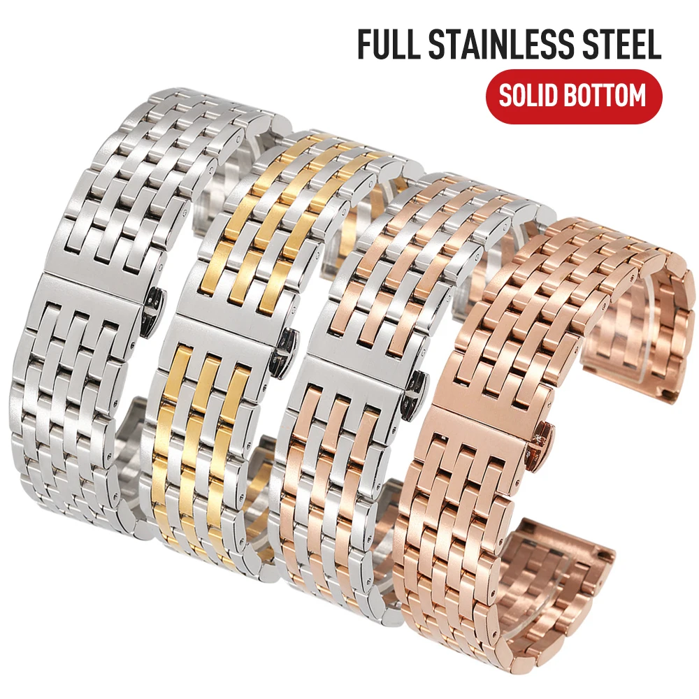 

2018 New Solid Seven Strains Stainless Steel Watchband 20mm 22mm Golden Straight End Bracelet with Butterfly Buckle Accessories